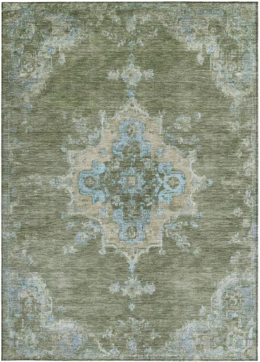 Fern Green And Blue Medallion Washable Indoor Outdoor Area Rug Photo 4