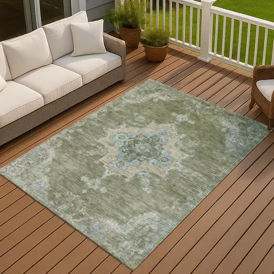 Fern Green And Blue Medallion Washable Indoor Outdoor Area Rug Photo 7