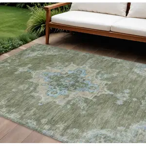 Photo of Fern Green And Blue Medallion Washable Indoor Outdoor Area Rug