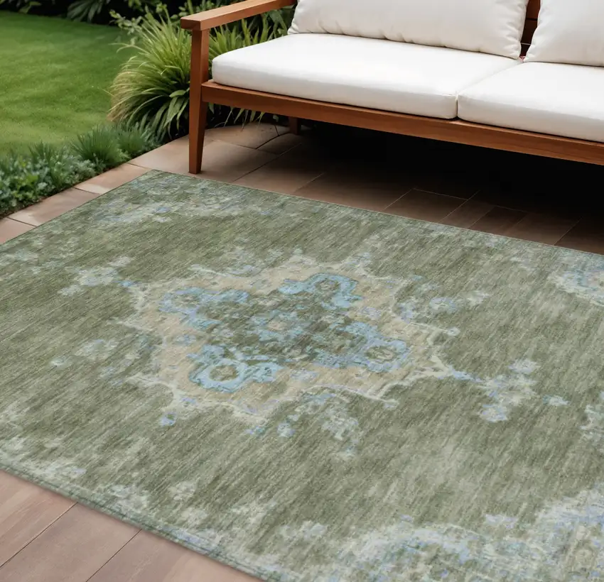 Fern Green And Blue Medallion Washable Indoor Outdoor Area Rug Photo 1