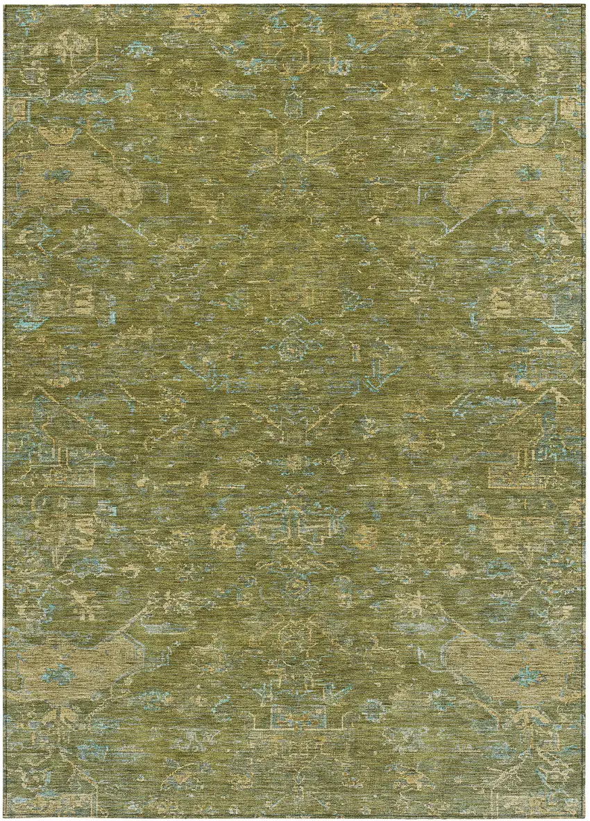 Fern Green And Blue Medallion Washable Indoor Outdoor Area Rug Photo 4
