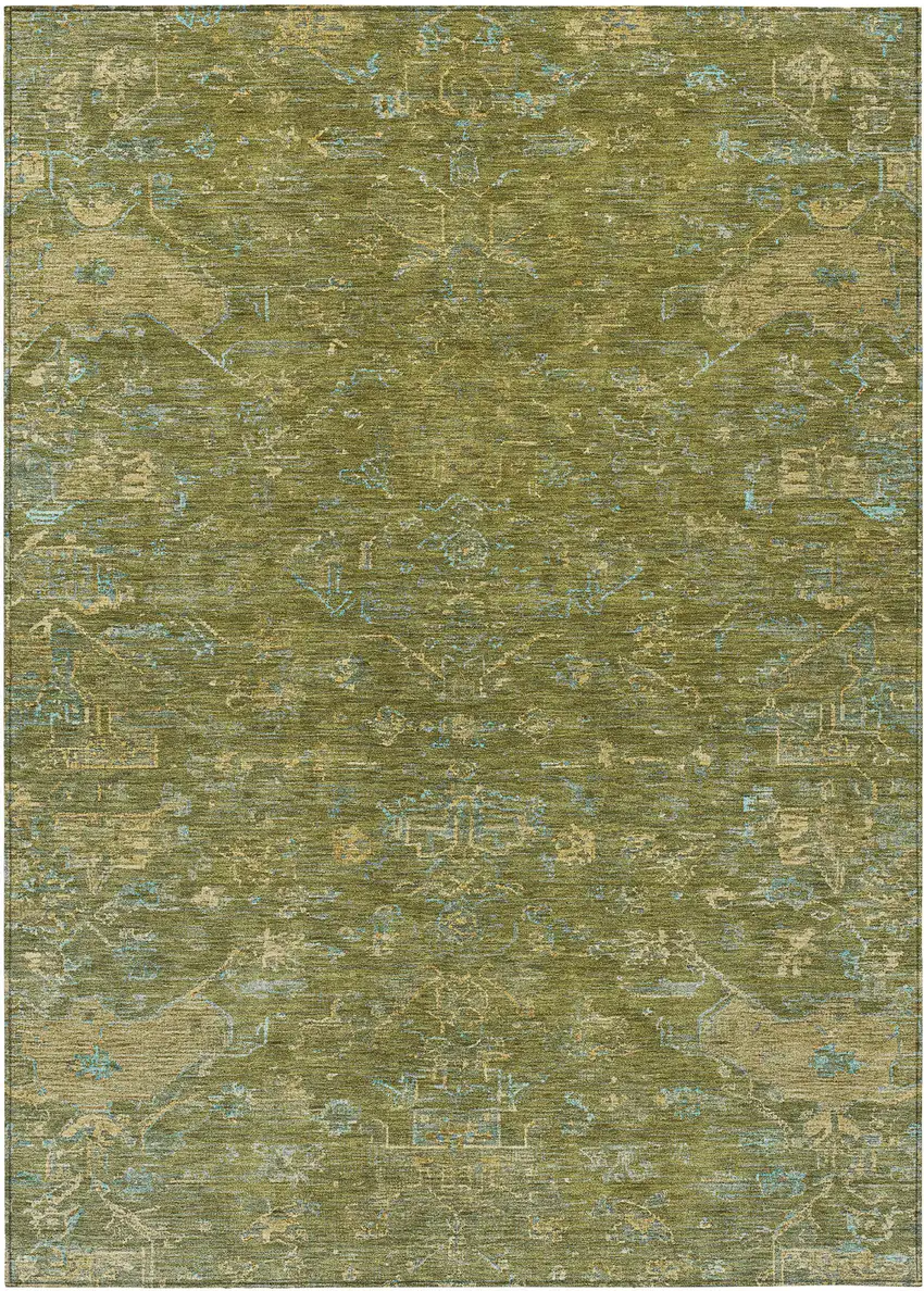 Fern Green And Blue Medallion Washable Indoor Outdoor Area Rug Photo 2