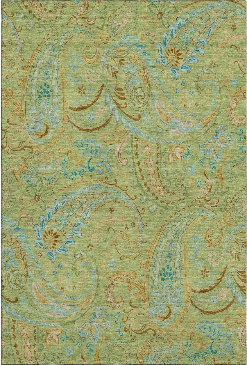 Fern Green And Blue Paisley Washable Area Rug With UV Protection Photo 1