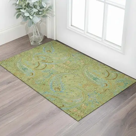 Fern Green And Blue Paisley Washable Area Rug With UV Protection Photo 1