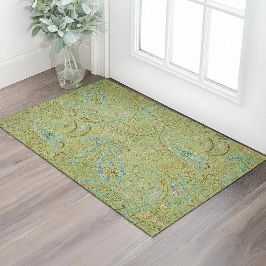 Fern Green And Blue Paisley Washable Area Rug With UV Protection Photo 1