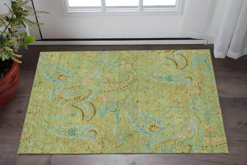 Fern Green And Blue Paisley Washable Area Rug With UV Protection Photo 2