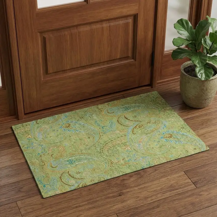 Fern Green And Blue Paisley Washable Area Rug With UV Protection Photo 1