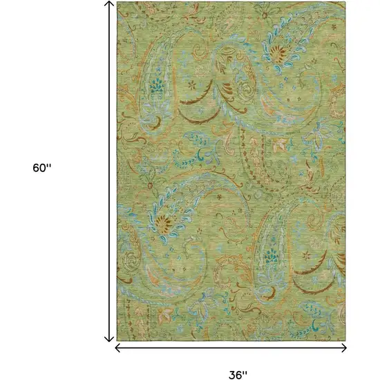 Fern Green And Blue Paisley Washable Area Rug With UV Protection Photo 3
