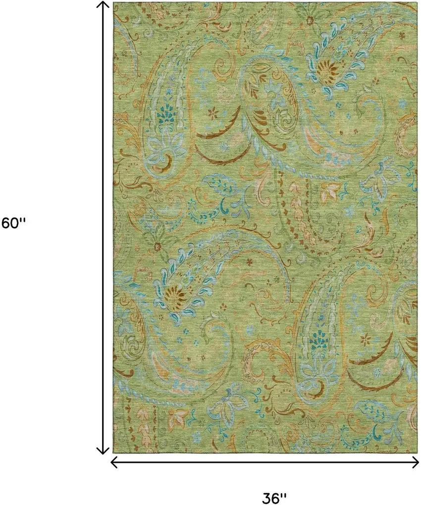 Fern Green And Blue Paisley Washable Area Rug With UV Protection Photo 3