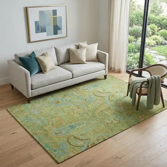 Fern Green And Blue Paisley Washable Area Rug With UV Protection Photo 1