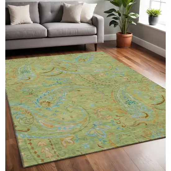Fern Green And Blue Paisley Washable Area Rug With UV Protection Photo 2