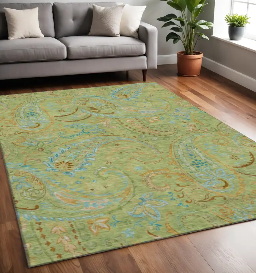 Fern Green And Blue Paisley Washable Area Rug With UV Protection Photo 2