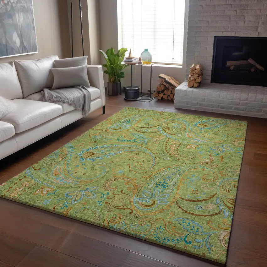 Fern Green And Blue Paisley Washable Area Rug With UV Protection Photo 6