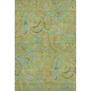 Photo of Fern Green And Blue Paisley Washable Area Rug With UV Protection