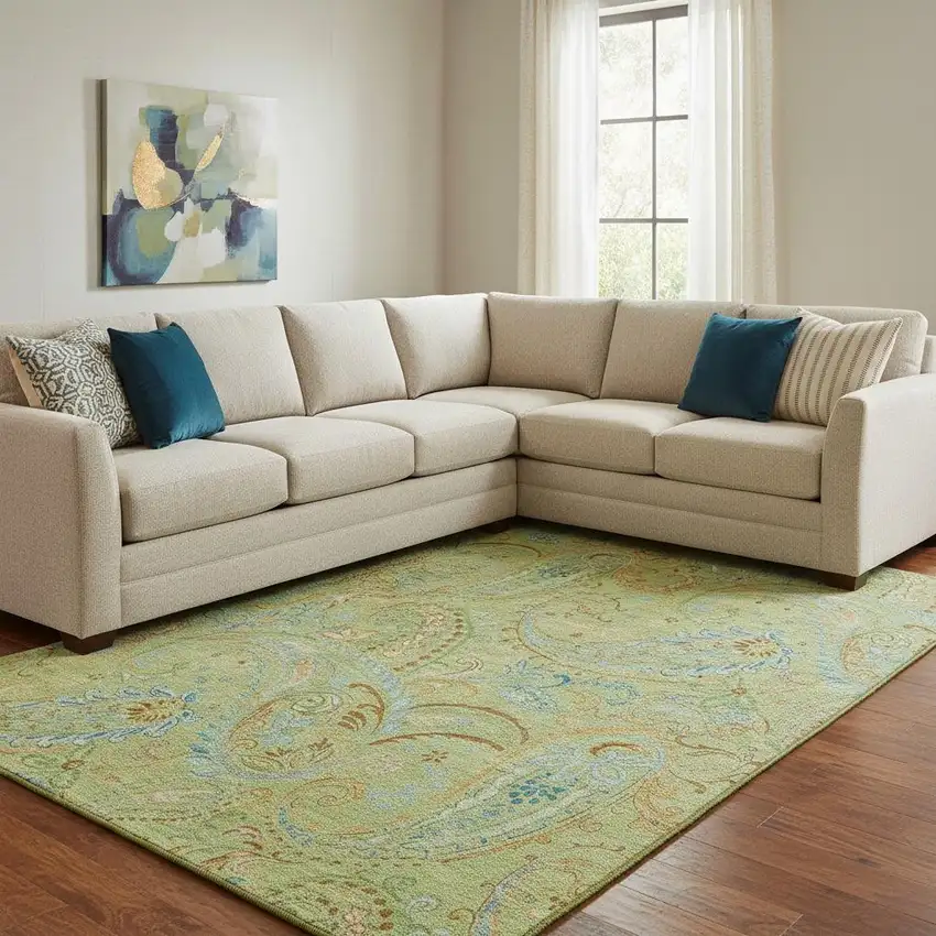 Fern Green And Blue Paisley Washable Area Rug With UV Protection Photo 1