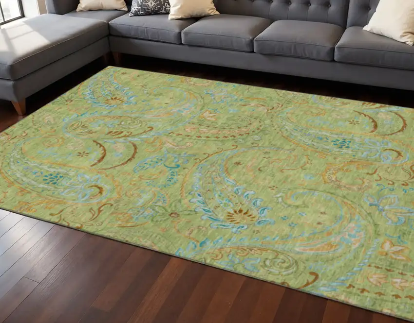 Fern Green And Blue Paisley Washable Area Rug With UV Protection Photo 2
