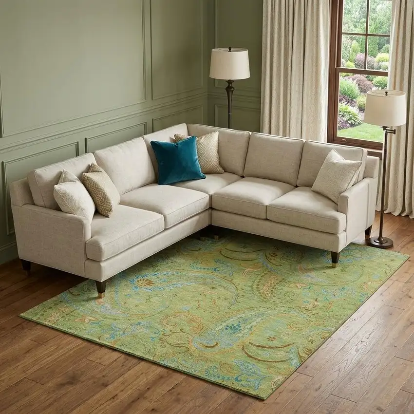 Fern Green And Blue Paisley Washable Area Rug With UV Protection Photo 1