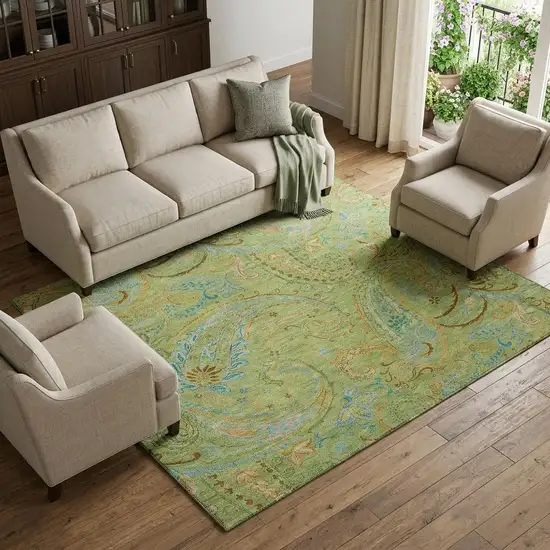 Fern Green And Blue Paisley Washable Area Rug With UV Protection Photo 1
