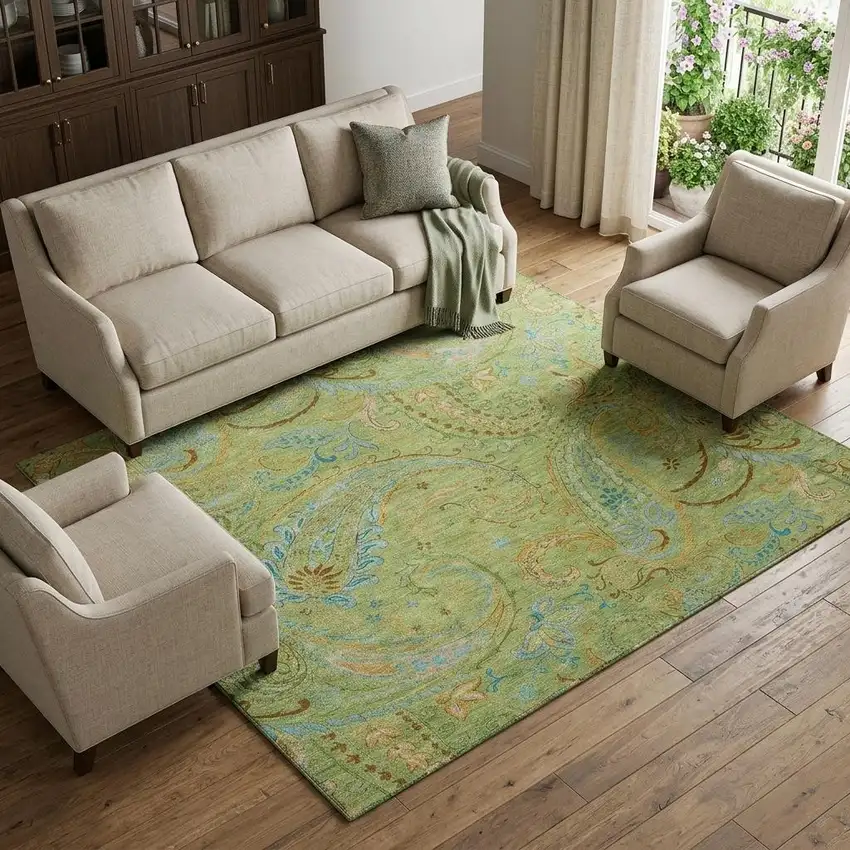 Fern Green And Blue Paisley Washable Area Rug With UV Protection Photo 1