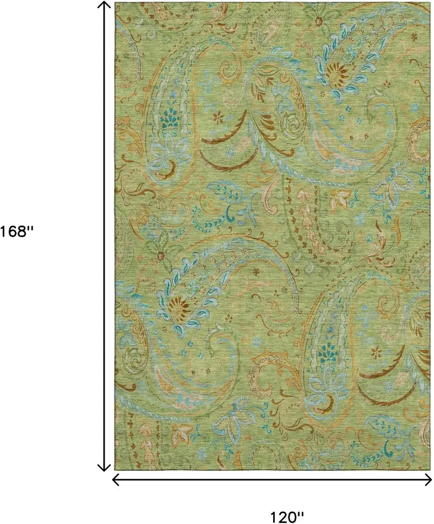 Fern Green And Blue Paisley Washable Area Rug With UV Protection Photo 3