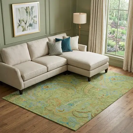 Fern Green And Blue Paisley Washable Area Rug With UV Protection Photo 1