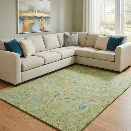 Fern Green And Blue Paisley Washable Area Rug With UV Protection Photo 1