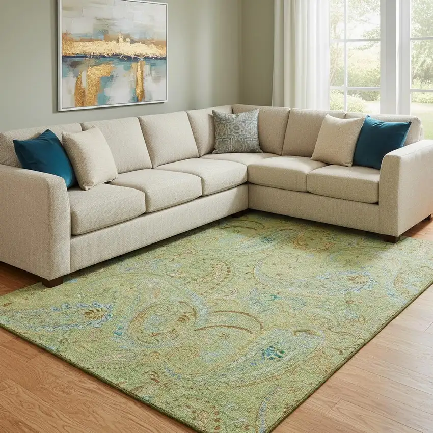 Fern Green And Blue Paisley Washable Area Rug With UV Protection Photo 1