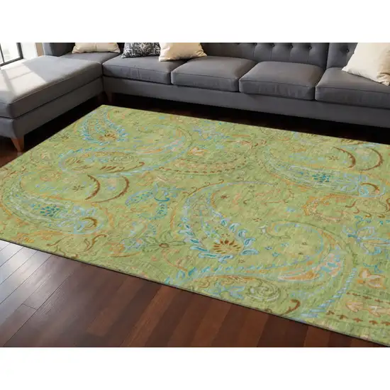 Fern Green And Blue Paisley Washable Area Rug With UV Protection Photo 2