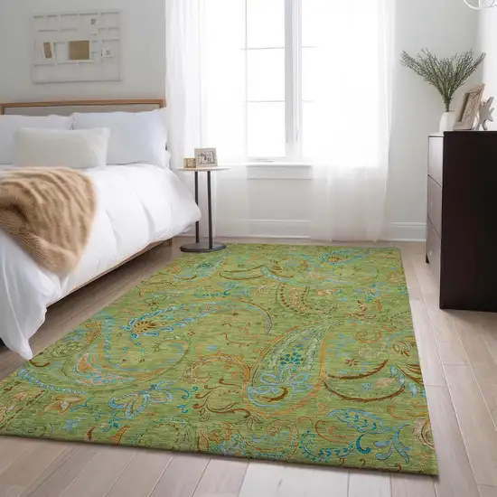 Fern Green And Blue Paisley Washable Area Rug With UV Protection Photo 5