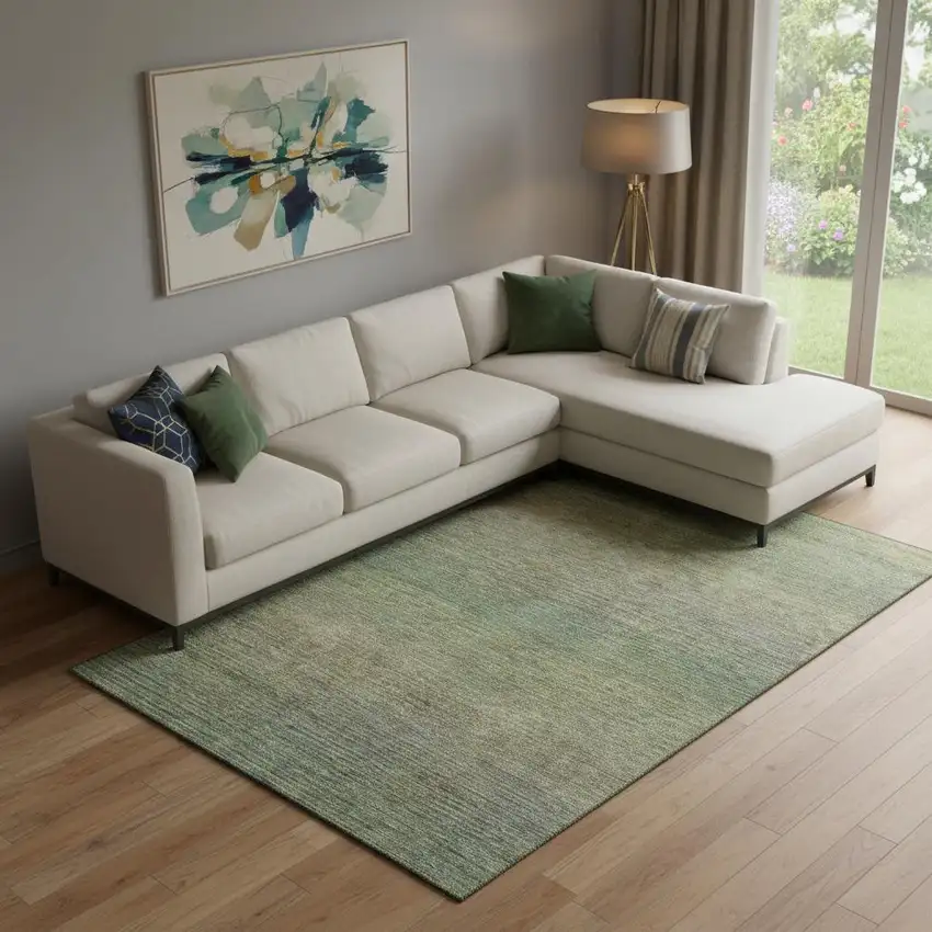 Fern Green And Blue Striped Washable Area Rug With UV Protection Photo 2