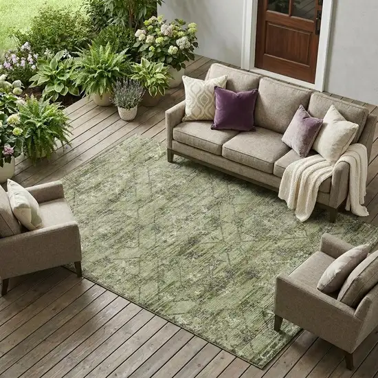 Fern Green And Brown Geometric Washable Indoor Outdoor Area Rug Photo 1