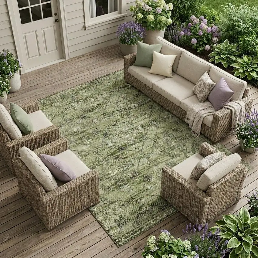Fern Green And Brown Geometric Washable Indoor Outdoor Area Rug Photo 1