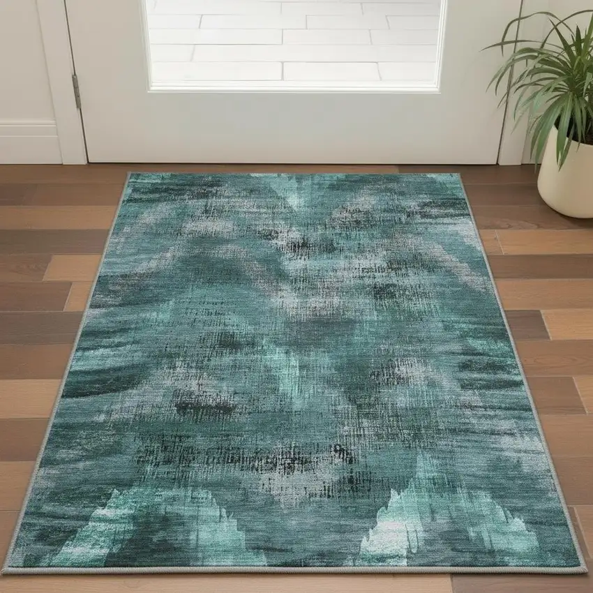 Fern Green And Charcoal Abstract Washable Area Rug With UV Protection Photo 2