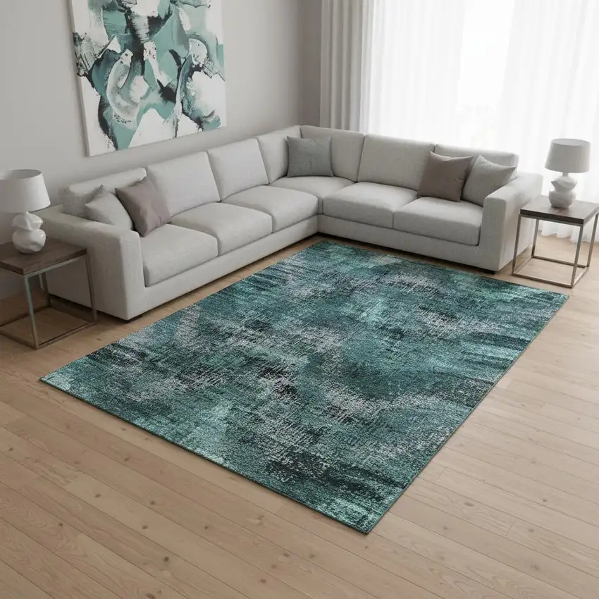 Fern Green And Charcoal Abstract Washable Area Rug With UV Protection Photo 2