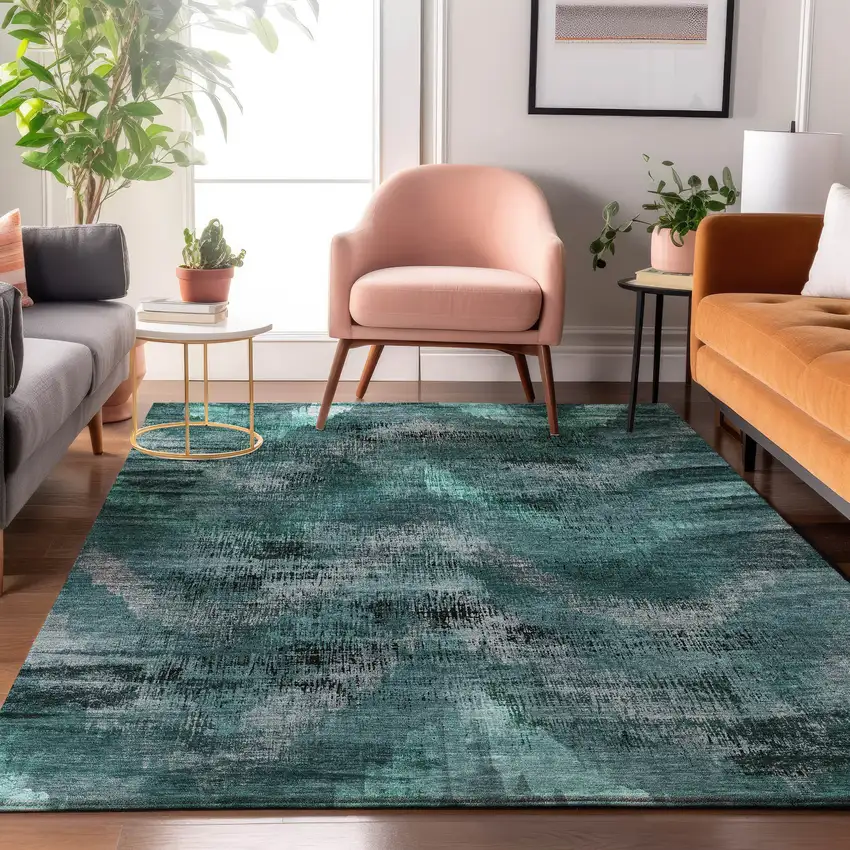 Fern Green And Charcoal Abstract Washable Area Rug With UV Protection Photo 5