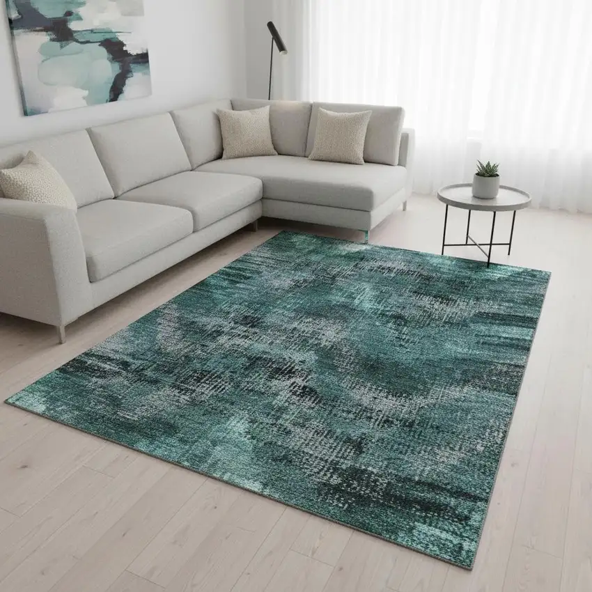 Fern Green And Charcoal Abstract Washable Area Rug With UV Protection Photo 2