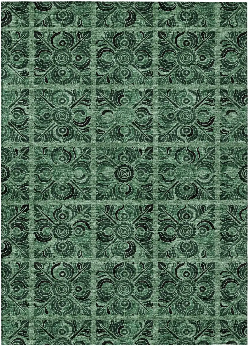 Fern Green And Charcoal Medallion Washable Indoor Outdoor Area Rug Photo 2