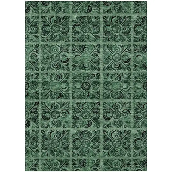 Fern Green And Charcoal Medallion Washable Indoor Outdoor Area Rug Photo 2