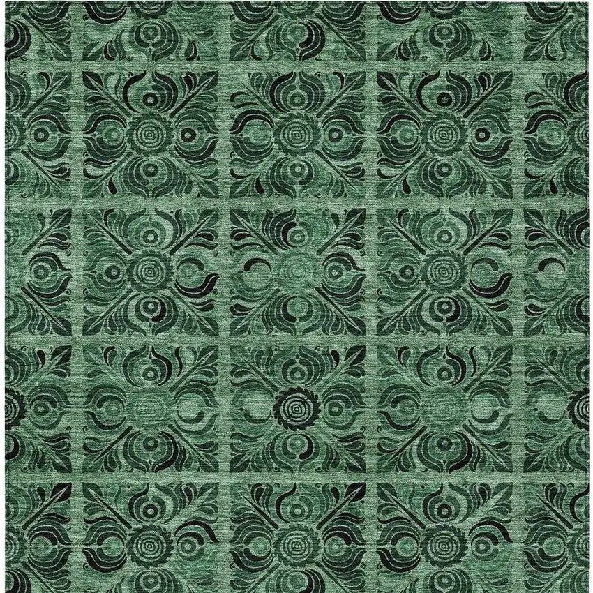 Fern Green And Charcoal Medallion Washable Indoor Outdoor Area Rug Photo 6