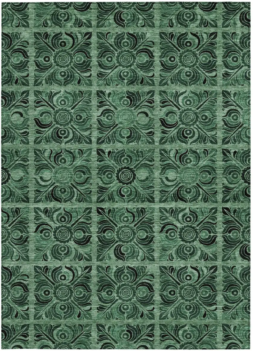 Fern Green And Charcoal Medallion Washable Indoor Outdoor Area Rug Photo 7