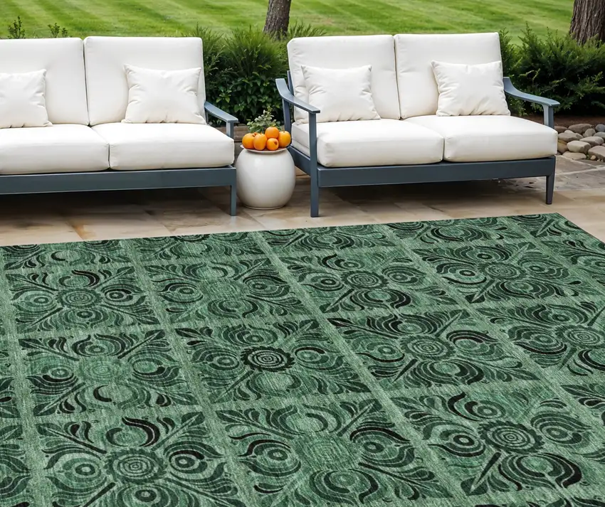 Fern Green And Charcoal Medallion Washable Indoor Outdoor Area Rug Photo 1