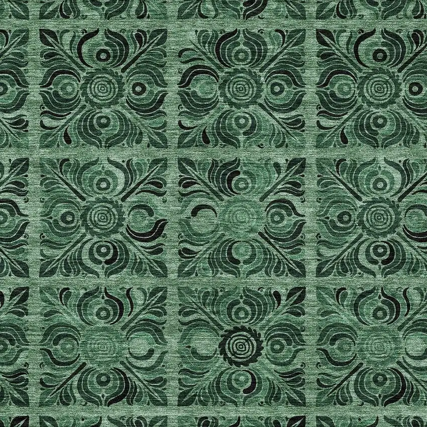 Fern Green And Charcoal Medallion Washable Indoor Outdoor Area Rug Photo 6