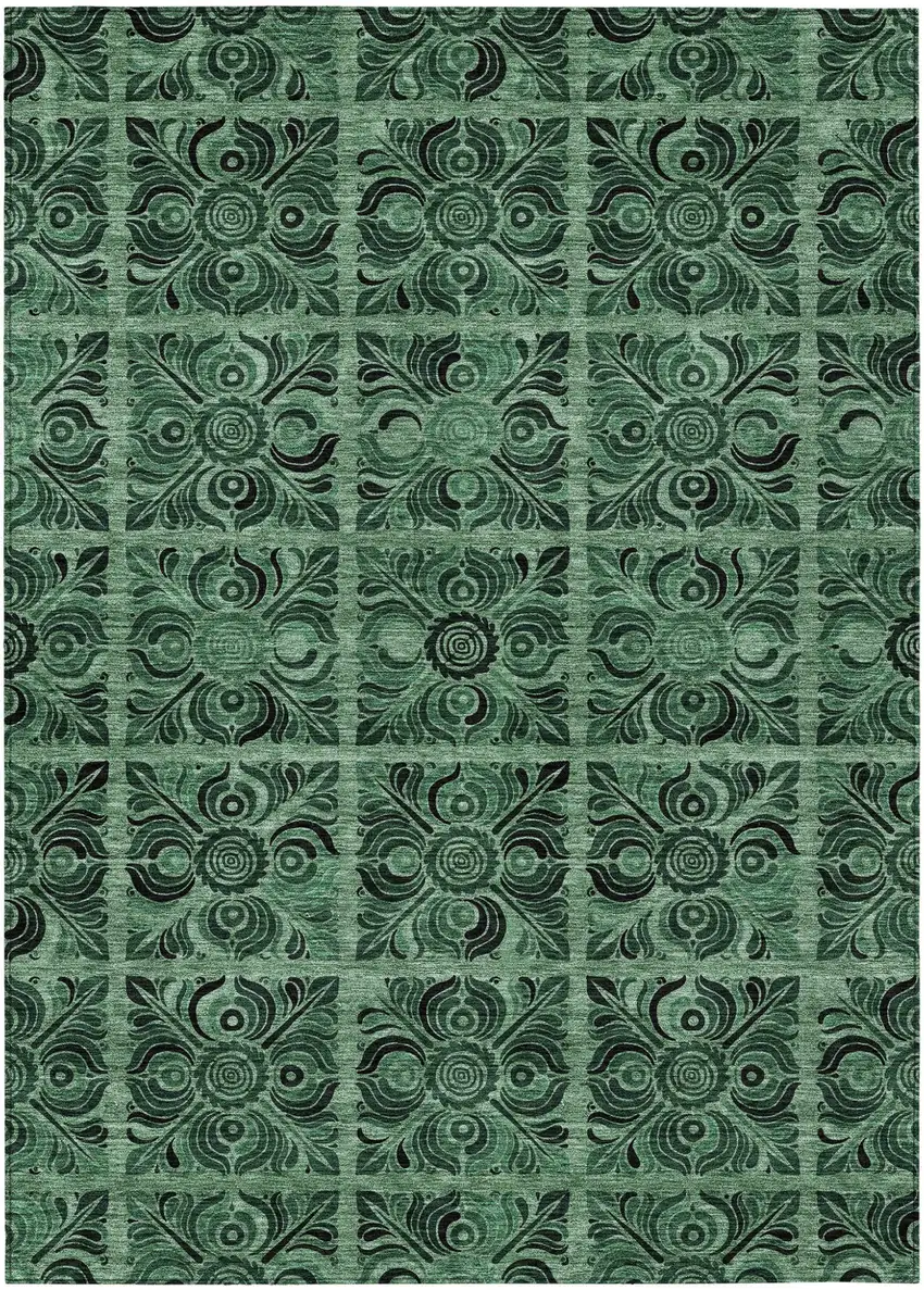 Fern Green And Charcoal Medallion Washable Indoor Outdoor Area Rug Photo 2