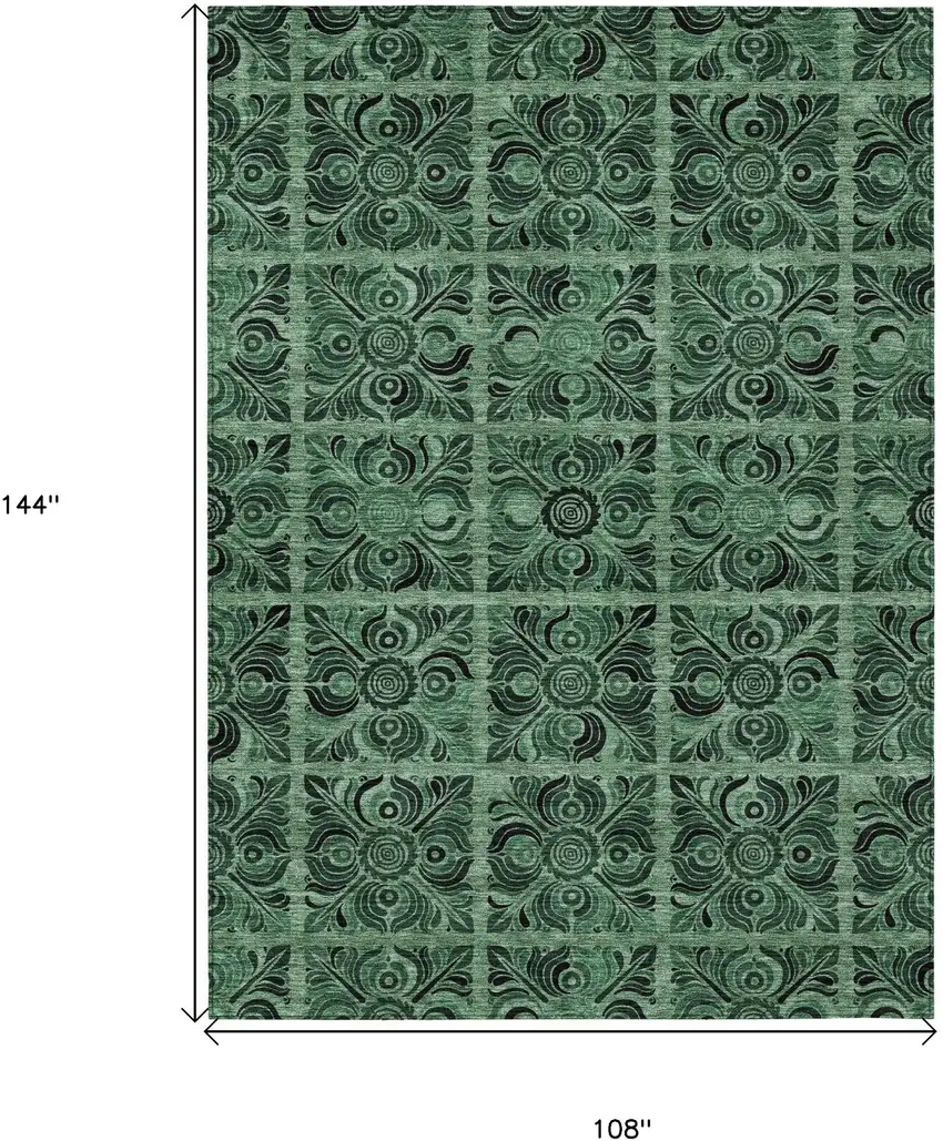 Fern Green And Charcoal Medallion Washable Indoor Outdoor Area Rug Photo 3