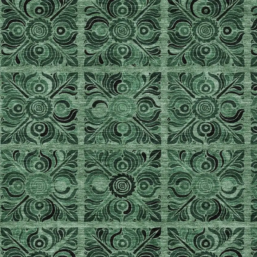Fern Green And Charcoal Medallion Washable Indoor Outdoor Area Rug Photo 6