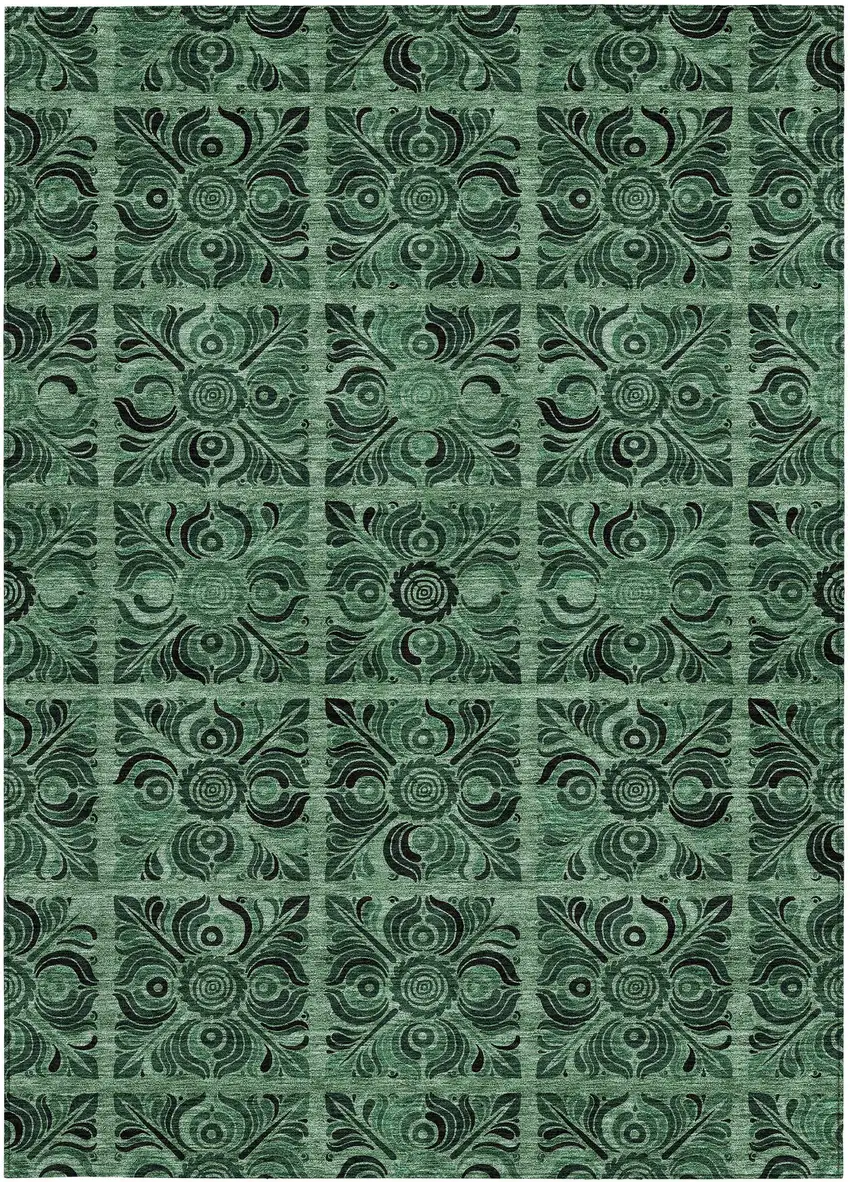 Fern Green And Charcoal Medallion Washable Indoor Outdoor Area Rug Photo 7