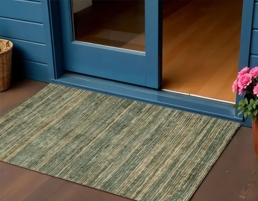 Fern Green And Charcoal Striped Washable Indoor Outdoor Area Rug Photo 2