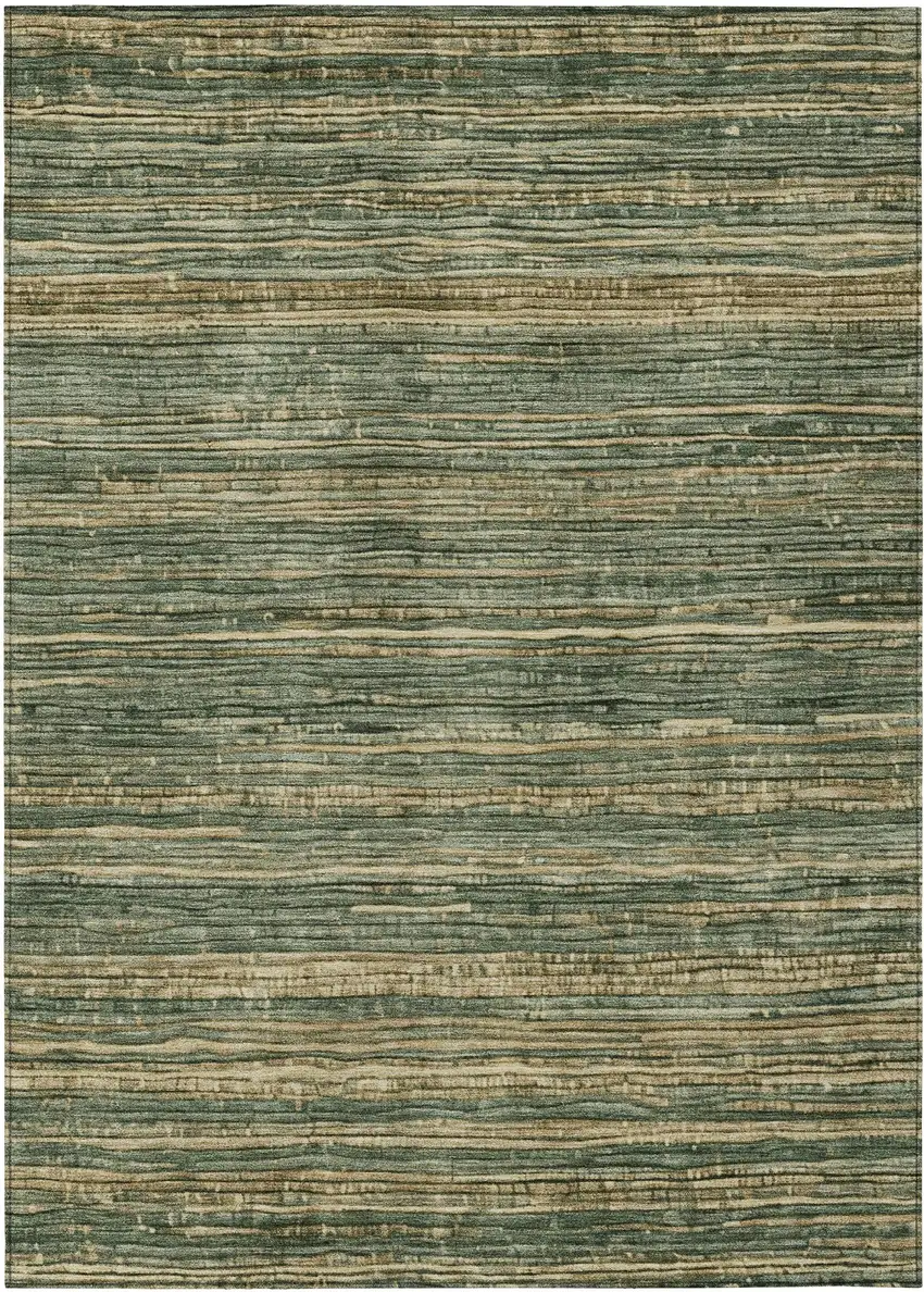 Fern Green And Charcoal Striped Washable Indoor Outdoor Area Rug Photo 1