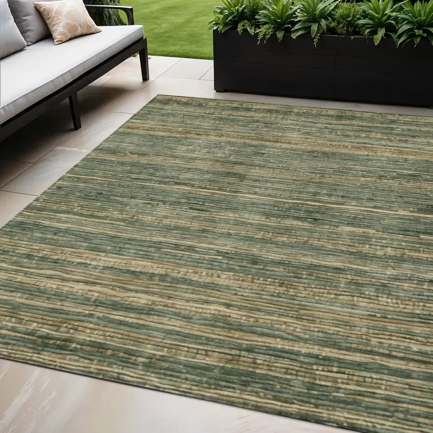 Fern Green And Charcoal Striped Washable Indoor Outdoor Area Rug Photo 2