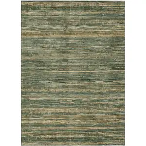 Photo of Fern Green And Charcoal Striped Washable Indoor Outdoor Area Rug